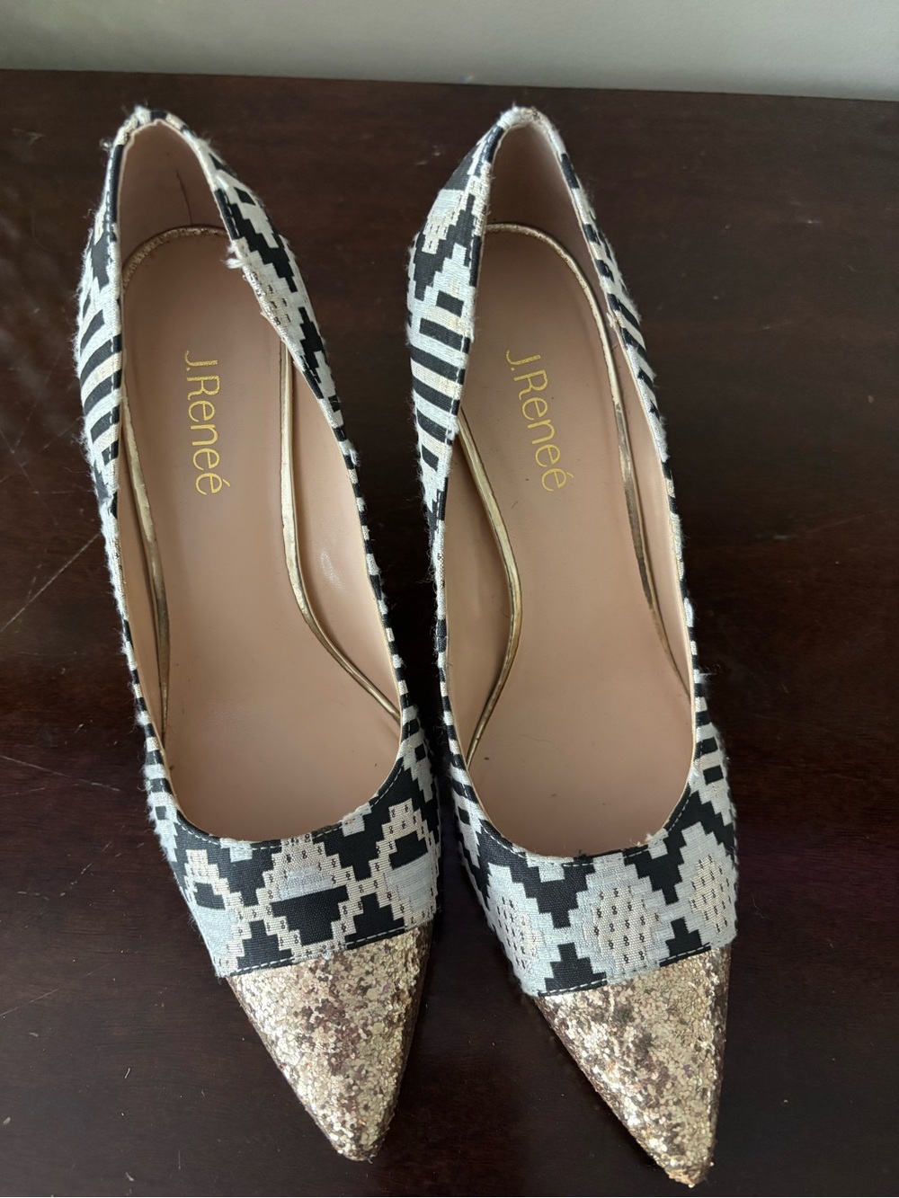 J.Renee Black & White Geometric Pointed Pumps with Gold Glitter Toe